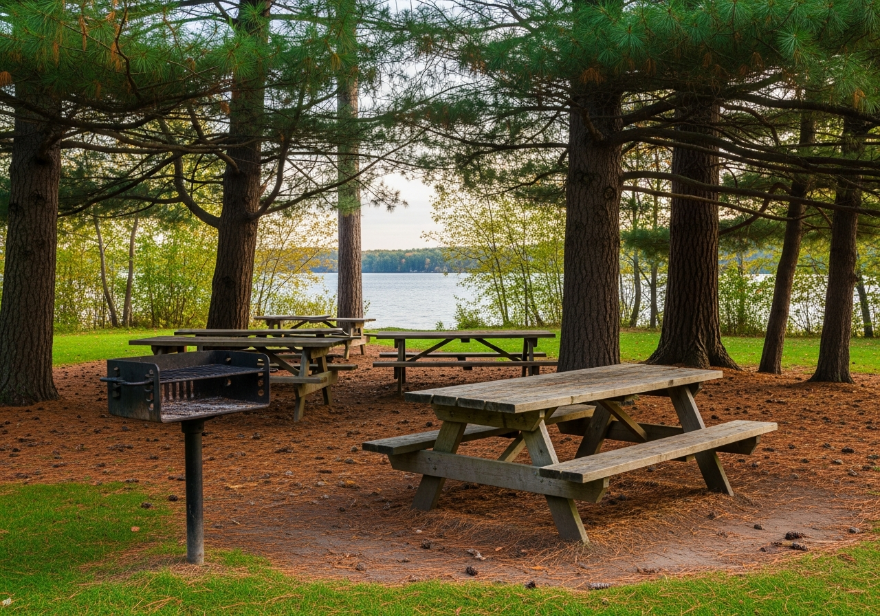 Picnic tables and a charcoal grill under tall pines