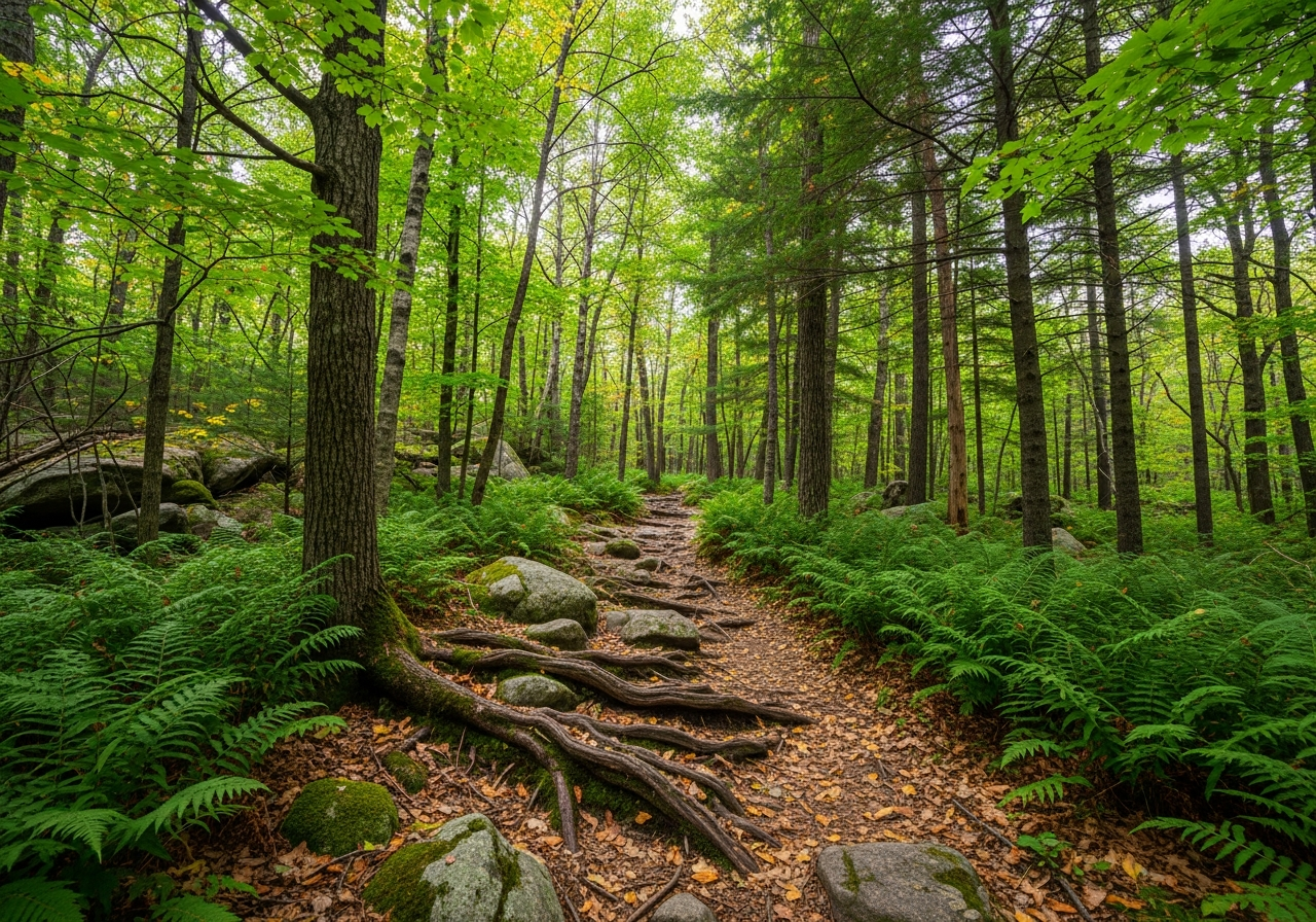 Wooded hiking trail through mixed New England forest
